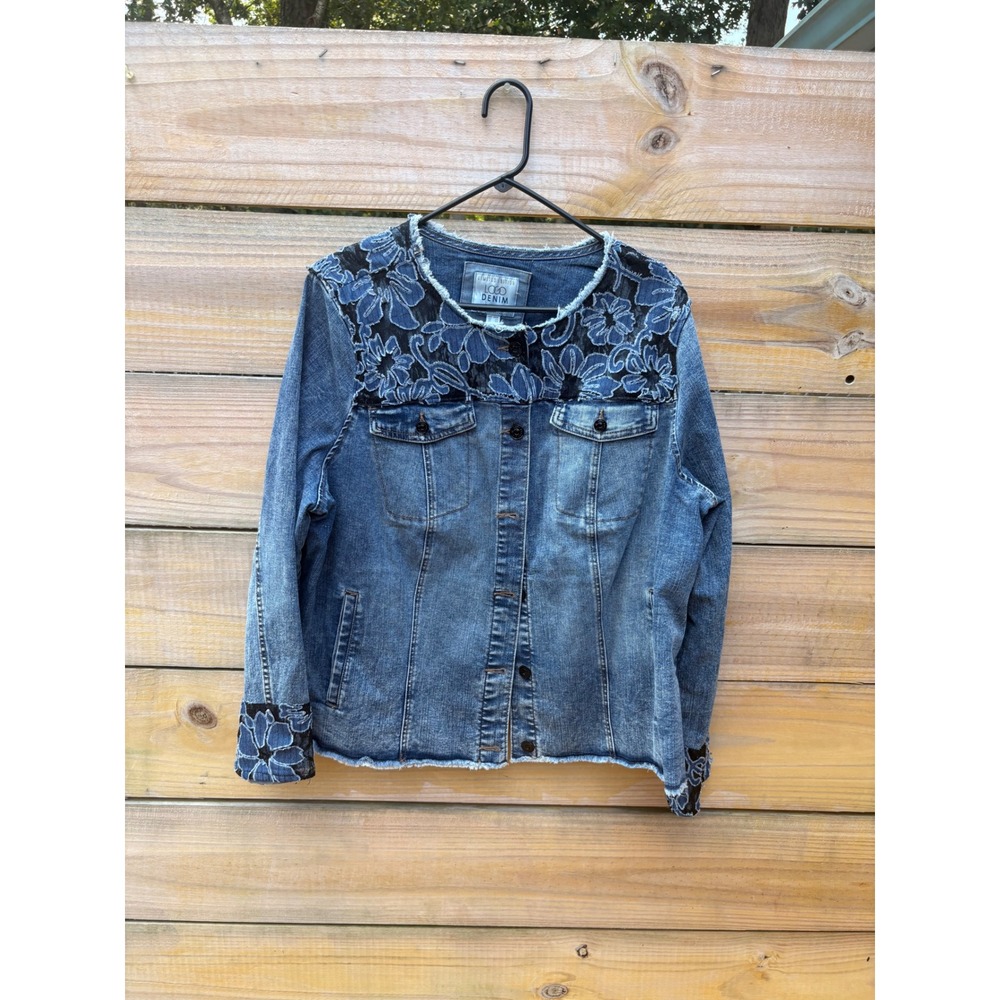 LOGO Lori Goldstein Limited Edition Floral Lace Denim Jacket Medium Wash 20W